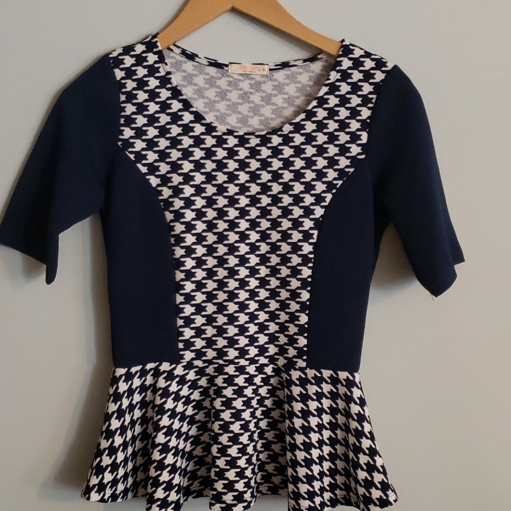 Nine Bird Hounds Tooth Blouse Navy White New